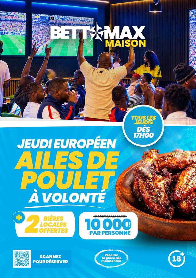 Jeudi Européen — ailes de poulet à volonté + 2 bières locales offertes, 10 000 FCFA