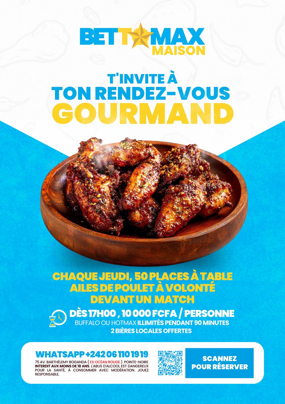 Ton rendez-vous gourmand : chaque jeudi, 50 places à table, ailes Buffalo ou HotMax illimitées pendant 90 minutes
